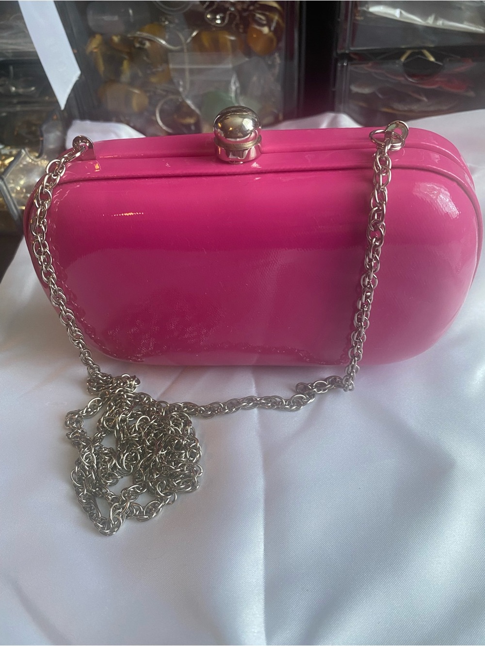 Sondra Roberts Hot Pink Patent Clutch with Silver Chain